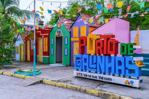 Porto de Galinhas, Pernambuco, Brazil - June 15, 2022:Scenery and decoration of the São João party and plaque with the name of Porto de Galinhas.